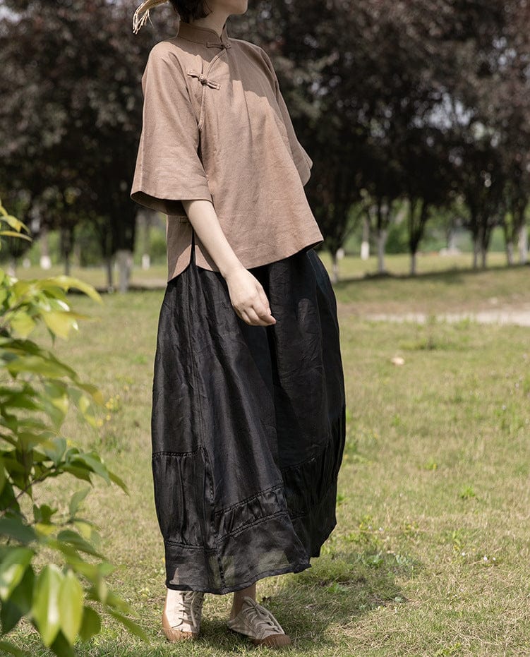 Buddhatrends Black Linen Midi Skirt