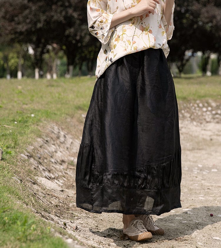 Buddhatrends Black Linen Midi Skirt