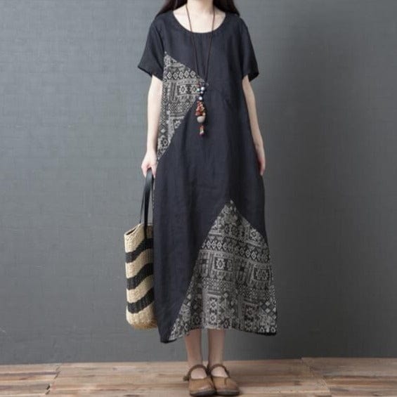 Buddhatrends Black / M Vintage Loose Cotton Linen Dress
