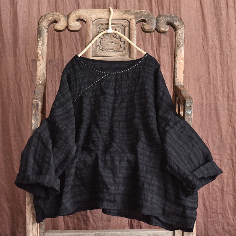 Buddhatrends Black / One Size Embroidered Loose Linen Blouse