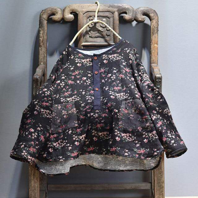 Buddhatrends Black / One Size Floral Cotton and Linen Blouse