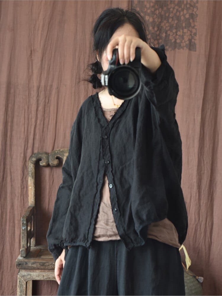 Buddhatrends Black / One Size Loose Linen Ripped Coat
