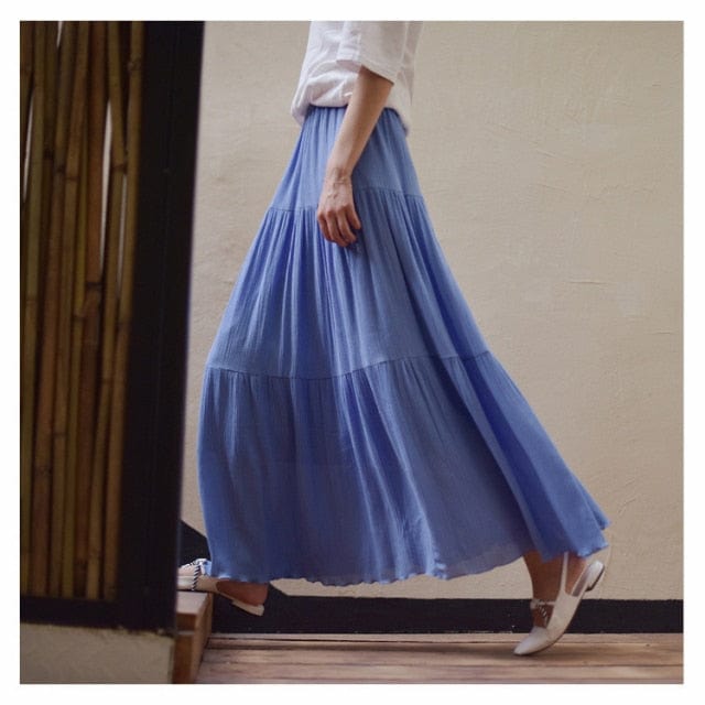 Buddhatrends Blue / M Flowy High Waist Cotton Linen Skirt
