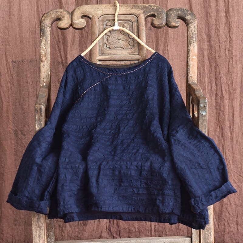 Buddhatrends Blue / One Size Embroidered Loose Linen Blouse