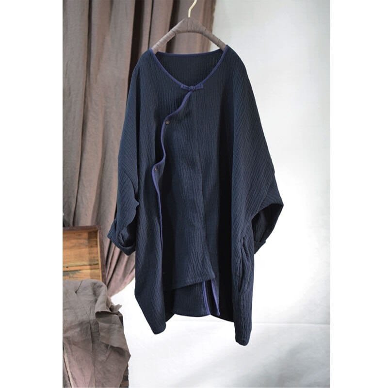 Buddhatrends Blue / One Size Irregular V Neck Cotton Linen Coat