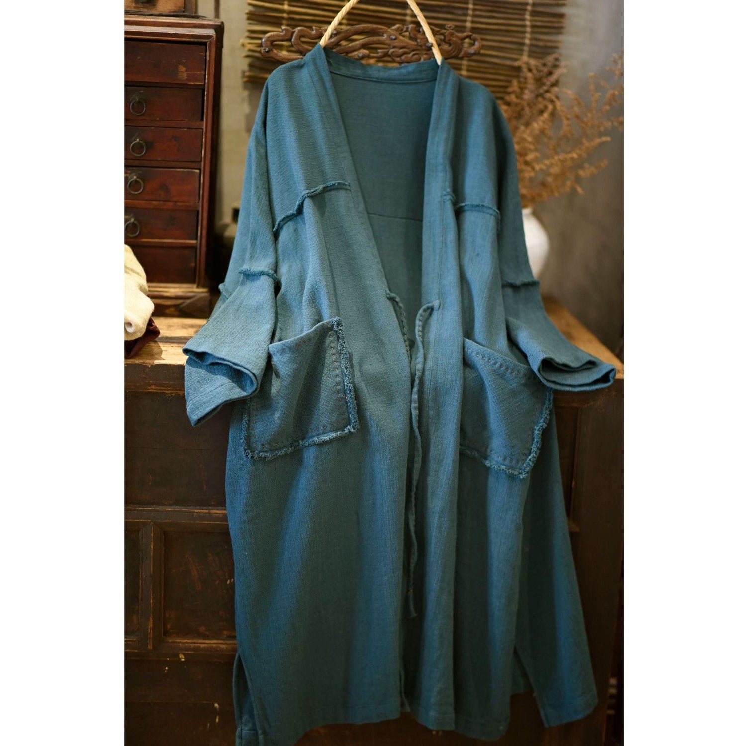 Buddhatrends Blue / One Size Judha Cotton Linen Long Trench Coat