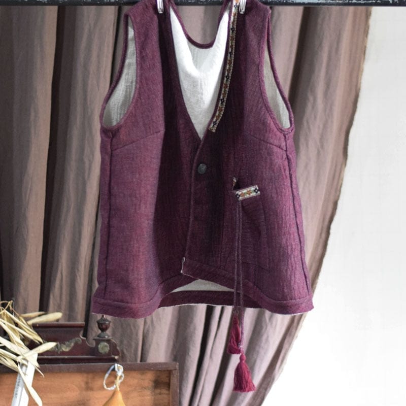 Buddhatrends Burgundy / One Size Loose Linen Retro Patchwork Vest