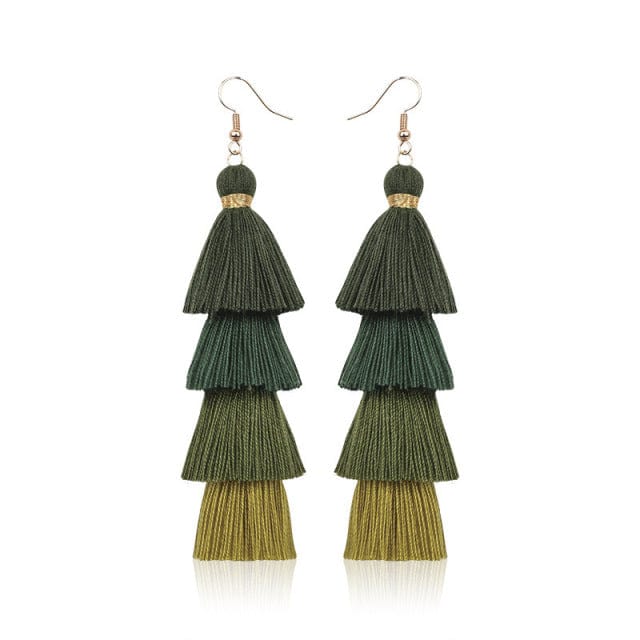 Buddhatrends Dark Green Multilayer Bohemian Tassel Earrings