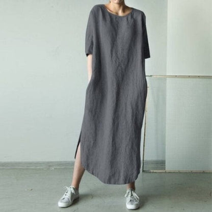 Buddhatrends Dark Grey / S Cotton Linen Split Long Dress