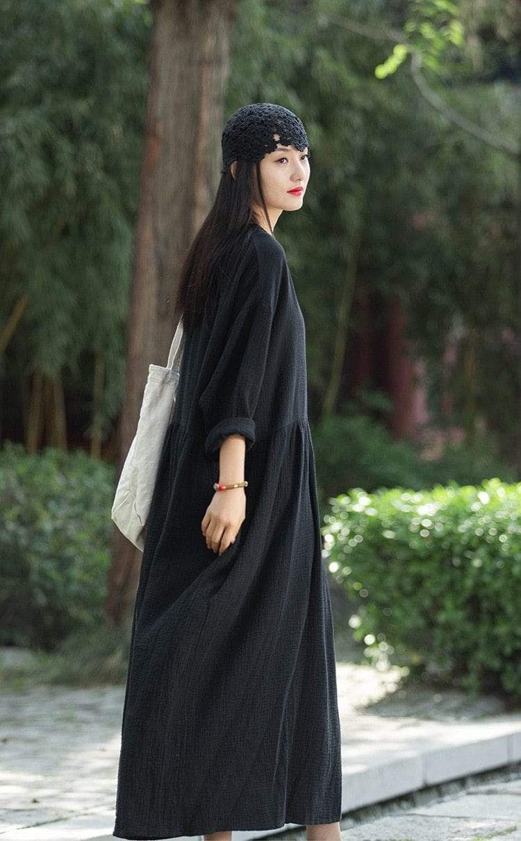Buddhatrends Dress Black / One Size Anaya Cotton Linen Vintage Dresses | Lotus