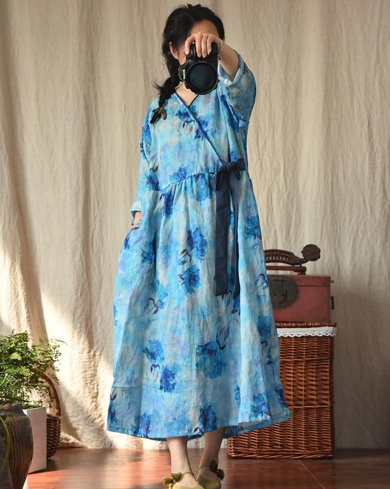 Buddhatrends Dress Blue / One Size Zen Flower Oversized Ramie Dress | Zen