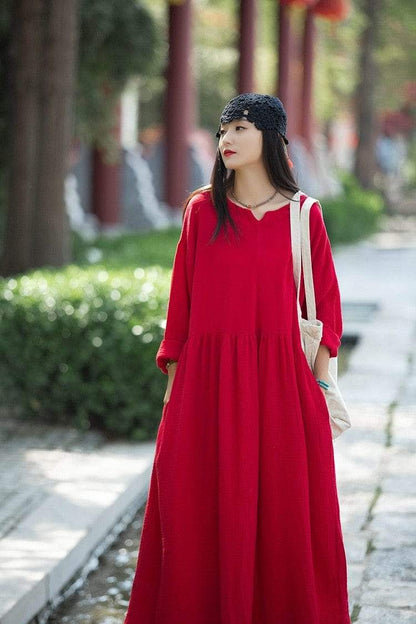 Buddhatrends Dress Red / One Size Anaya Cotton Linen Vintage Dresses | Lotus