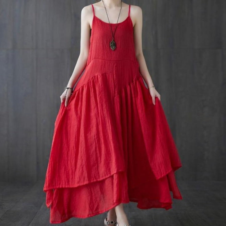 Buddhatrends Dress Red / XXL Vienna Cotton Linen Spaghetti Dress