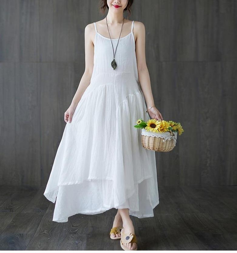 Buddhatrends Dress White / L Vienna Cotton Linen Spaghetti Dress