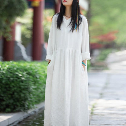 Buddhatrends Dress White / One Size Anaya Cotton Linen Vintage Dresses | Lotus