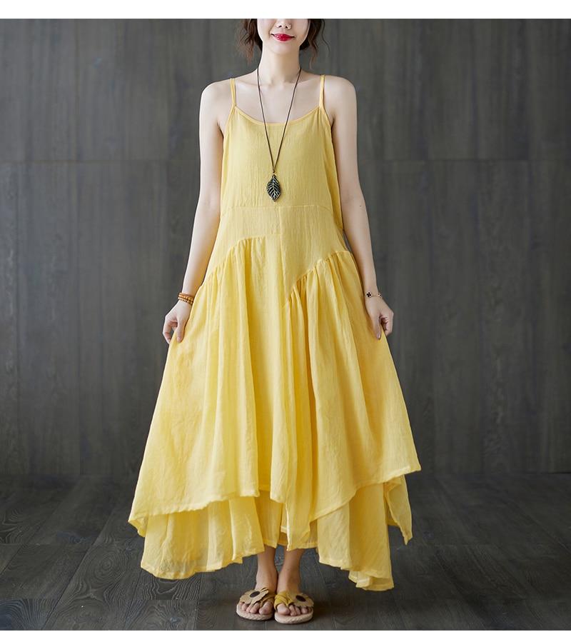 Buddhatrends Dress Yellow / XXL Vienna Cotton Linen Spaghetti Dress