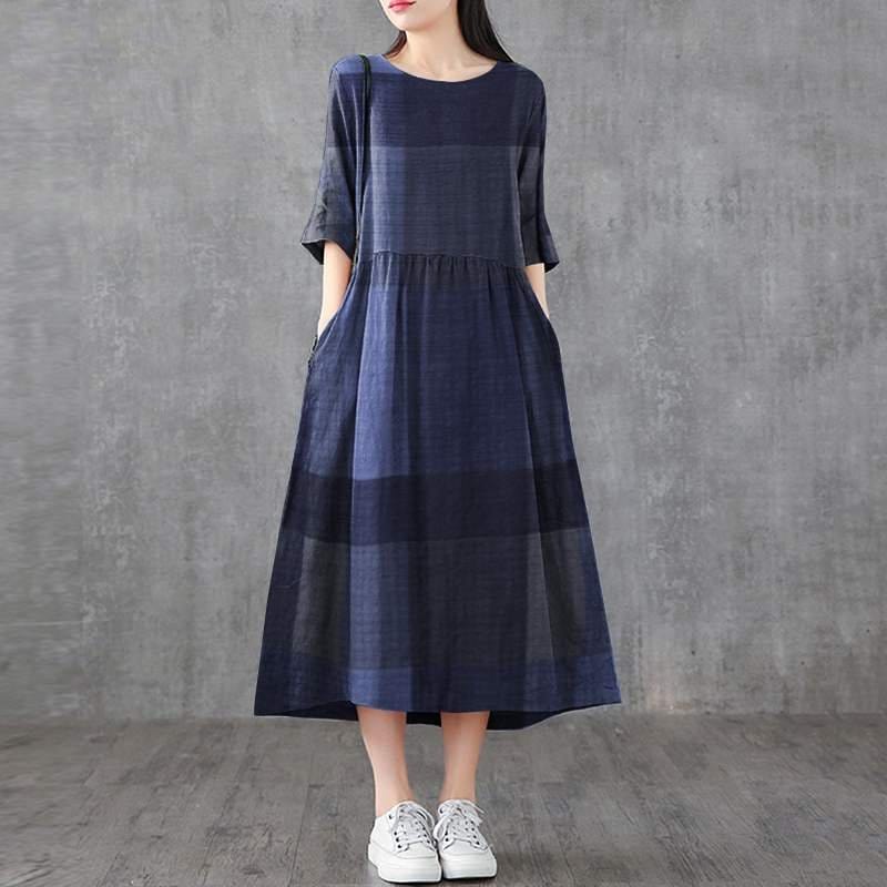 Buddhatrends Dresses Blue / S Lina Vintage Plaid Midi Dress