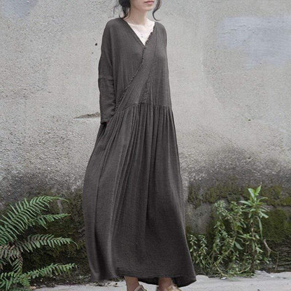 Buddhatrends Dresses Grey / One Size V Neck Long Sleeve Linen Dress | Lotus