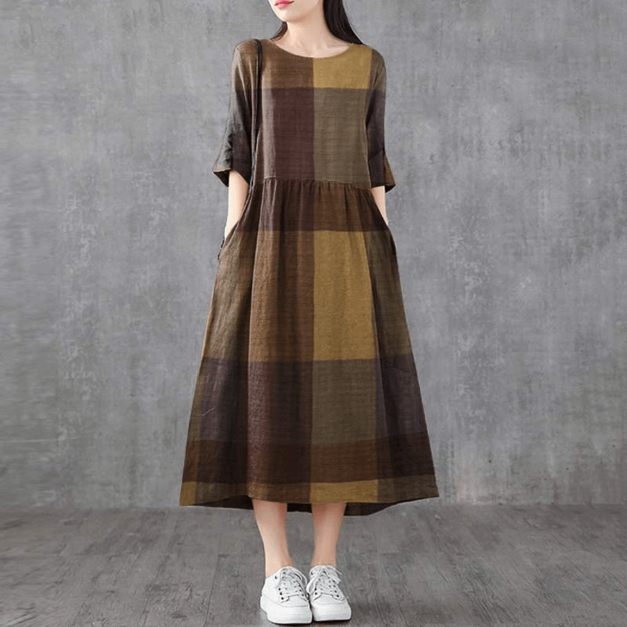 Buddhatrends Dresses Khaki / 5XL Lina Vintage Plaid Midi Dress