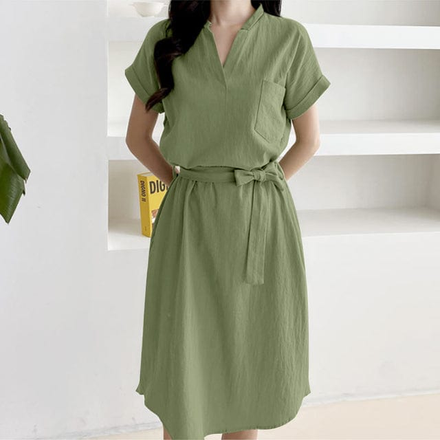 Buddhatrends Dresses Light Green / S Elena Knee-length Belted Short Sleeve Dress