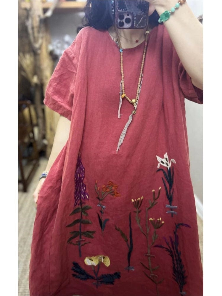 Buddhatrends Embroidery Cotton Linen Retro Dress