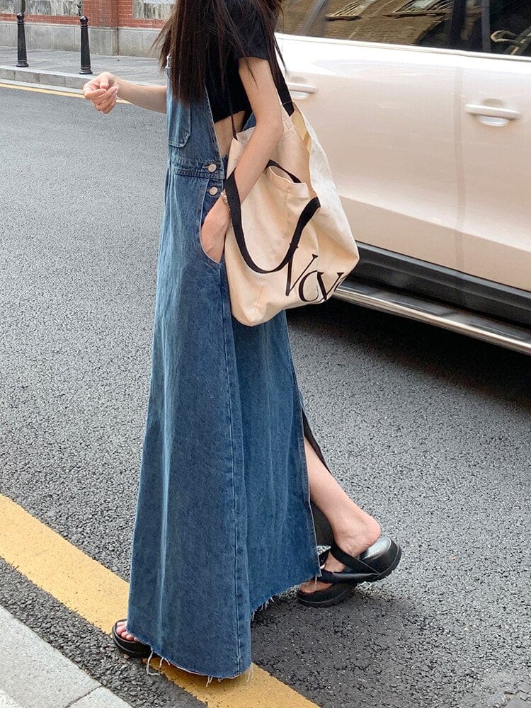 maxi denim jumper dress Casual Vintage-Inspired Back Slit Denim Overall Dress