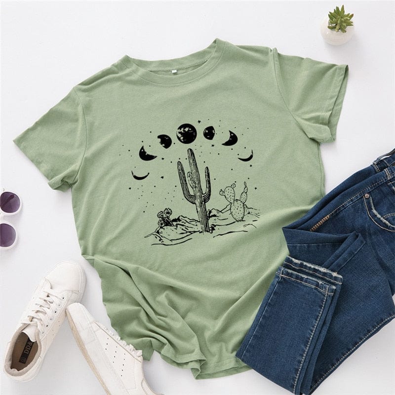 Buddhatrends F0268-Olive green / S Moon Cactus Loose Cotton T-Shirt
