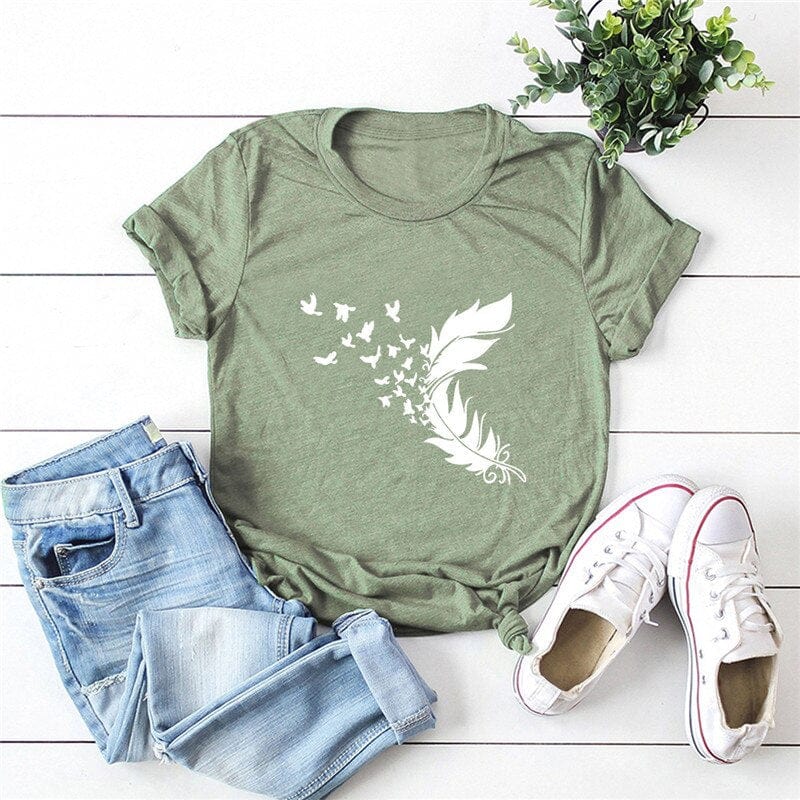 Buddhatrends F0458-Olive green / S Soft Feather Short Sleeve O-Neck Tee