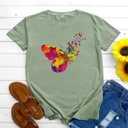 Buddhatrends F0639-Olive Green / S Butterfly O Neck Printed Tee