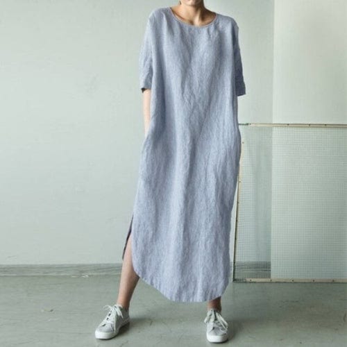 Buddhatrends Gray Blue / S Cotton Linen Split Long Dress