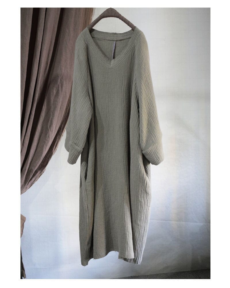 Buddhatrends Gray / One Size Cotton Linen V-Neck Dress | Lotus