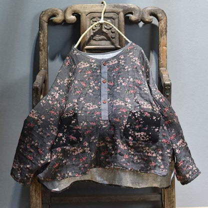 Buddhatrends Gray / One Size Floral Cotton and Linen Blouse