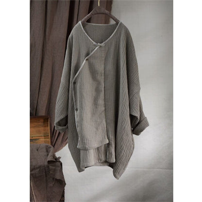 Buddhatrends Gray / One Size Irregular V Neck Cotton Linen Coat
