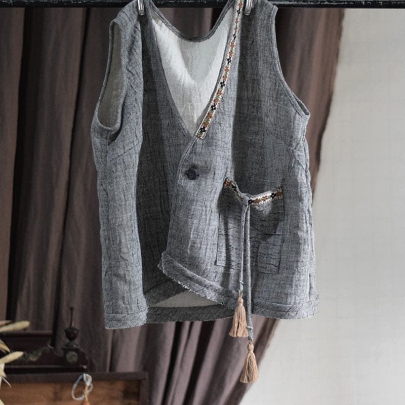 Buddhatrends Gray / One Size Loose Linen Retro Patchwork Vest