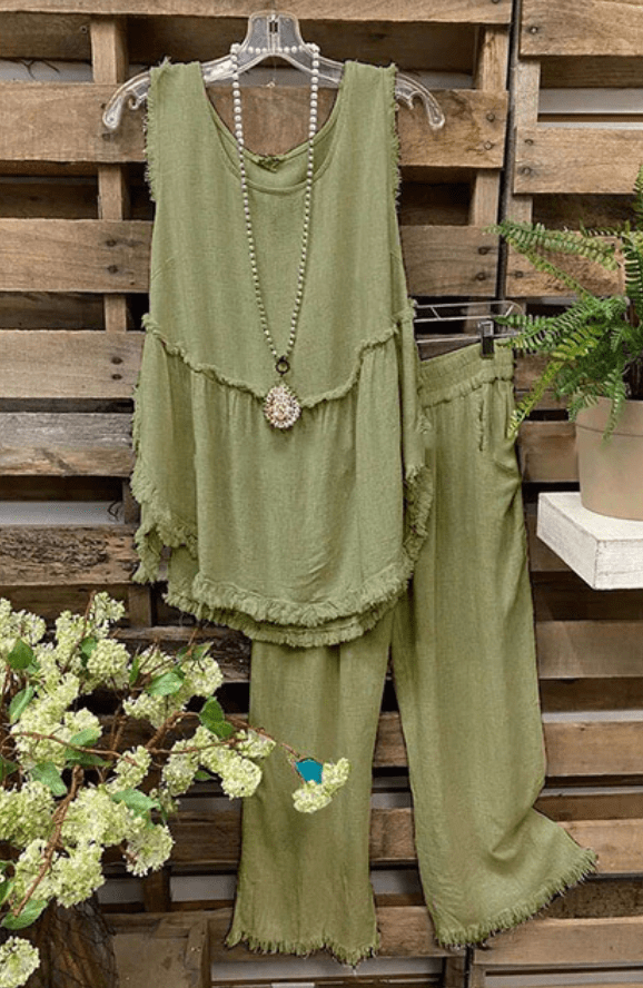 Buddhatrends Green / 3XL Cotton Linen Vest And  Wide Leg Pants Set