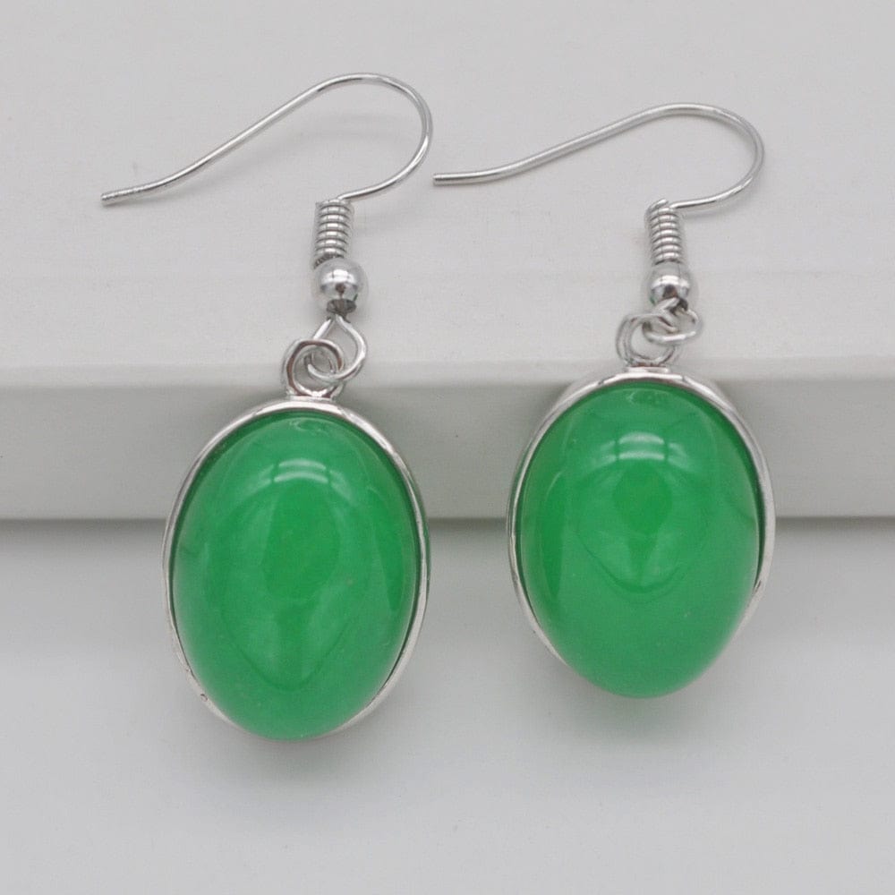 Buddhatrends Green Jade Natural Stone Oval Earrings