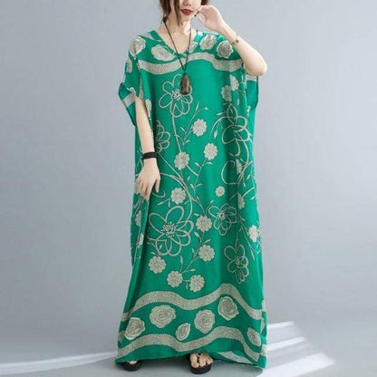 Buddhatrends green / One Size Blossom Floral Kaftan Dress