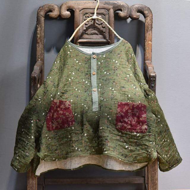 Buddhatrends green / One Size Floral Cotton and Linen Blouse
