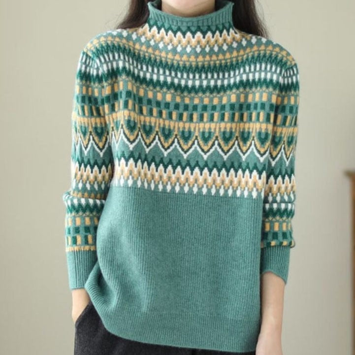 Buddhatrends Green / One Size Geometric Print Turtleneck Sweater