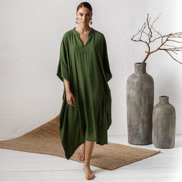 Buddhatrends Green / One Size Long Red V-neck Maxi Dress