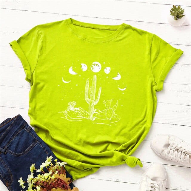 Buddhatrends Green / S Moon Cactus Loose Cotton T-Shirt