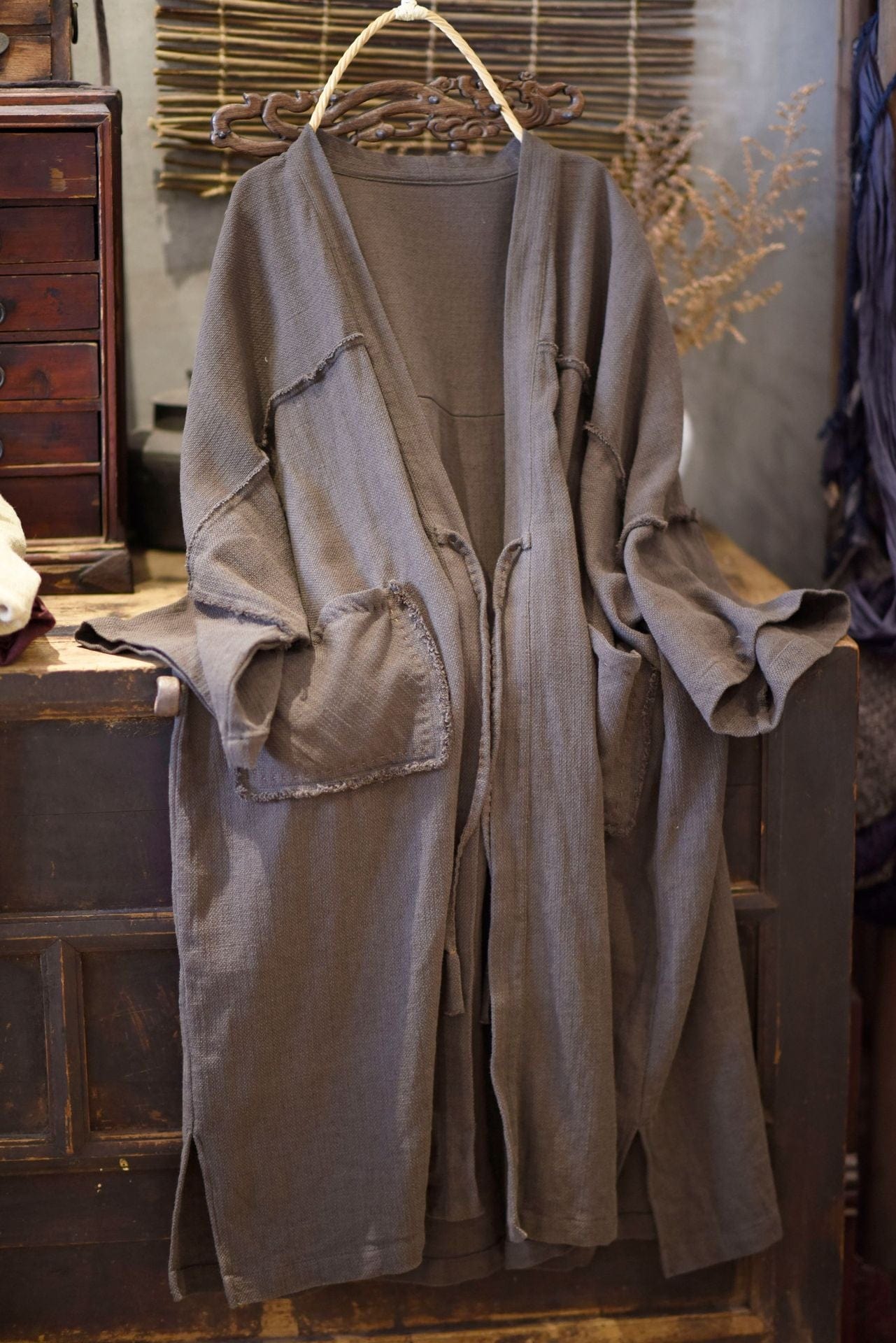 Buddhatrends Grey / One Size Judha Cotton Linen Long Trench Coat