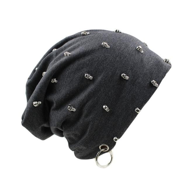 Buddhatrends Grey Skulls and Bones Studded Beanie Hat