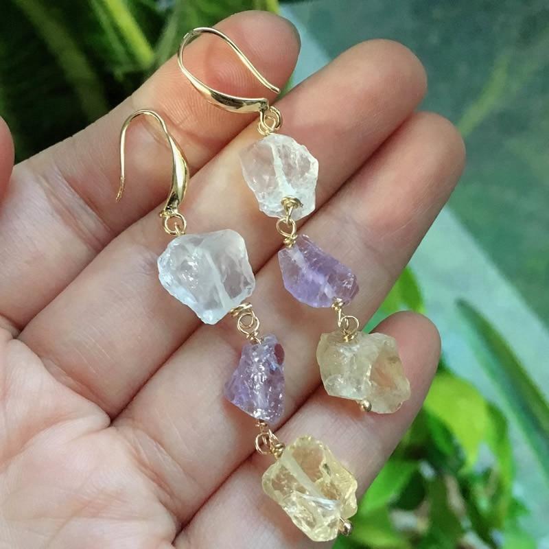 Buddhatrends Healing Crystal Earrings Clear Quartz Amethysts & Citrine Drop Earrings