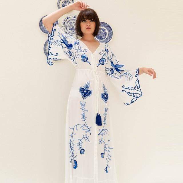 boho dress 18 Womens White Boho Maxi Dress Deep V Neck Short Sleeve Lace Ruffle Long Dress Elegant Floral Beach Dresses (White, L) at Amazon Women's Clothing store