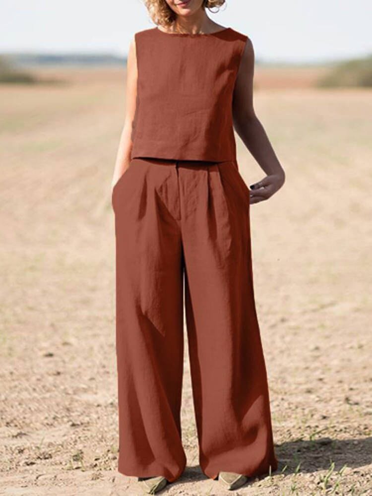Buddhatrends Light Brown / 3XL Genna Cotton Linen Two Piece Suit | OOTD