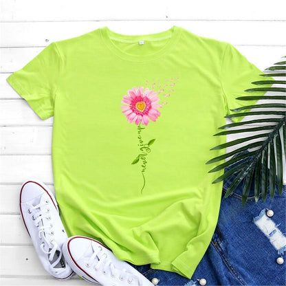 Buddhatrends Light Green / S Graphic Flower Top O Neck Tee