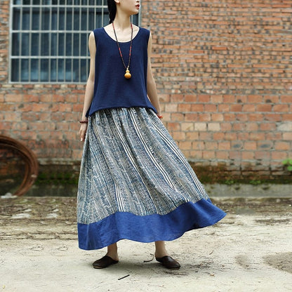 Buddhatrends Linen Skirts Gaia Beige &amp; Blue Linen Skirt