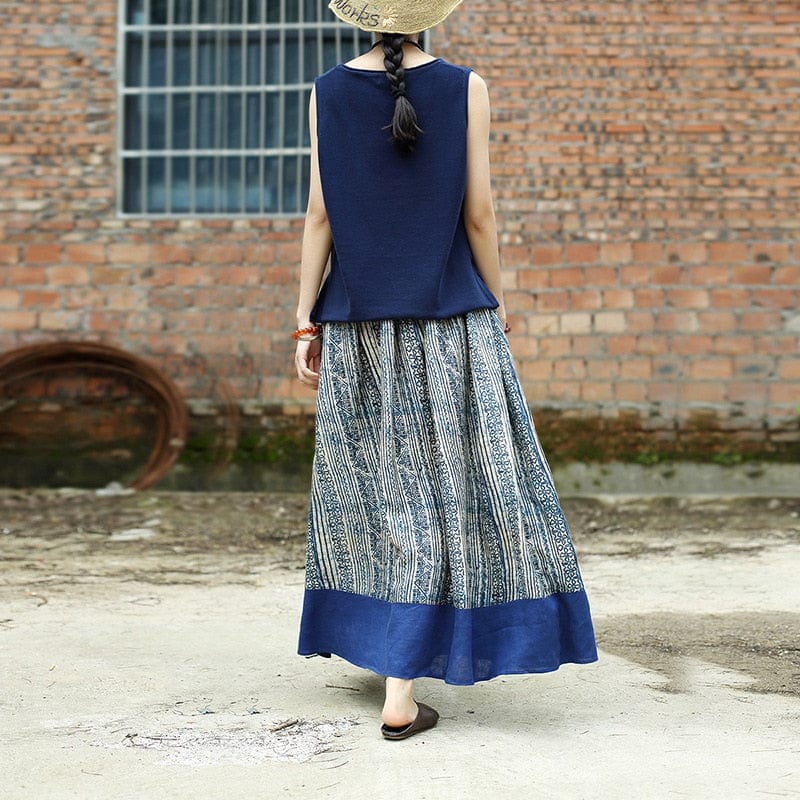 Buddhatrends Linen Skirts Gaia Beige &amp; Blue Linen Skirt