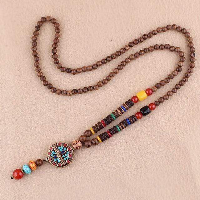 Nepal Buddhist Mala Wood Pendant &amp; Necklace